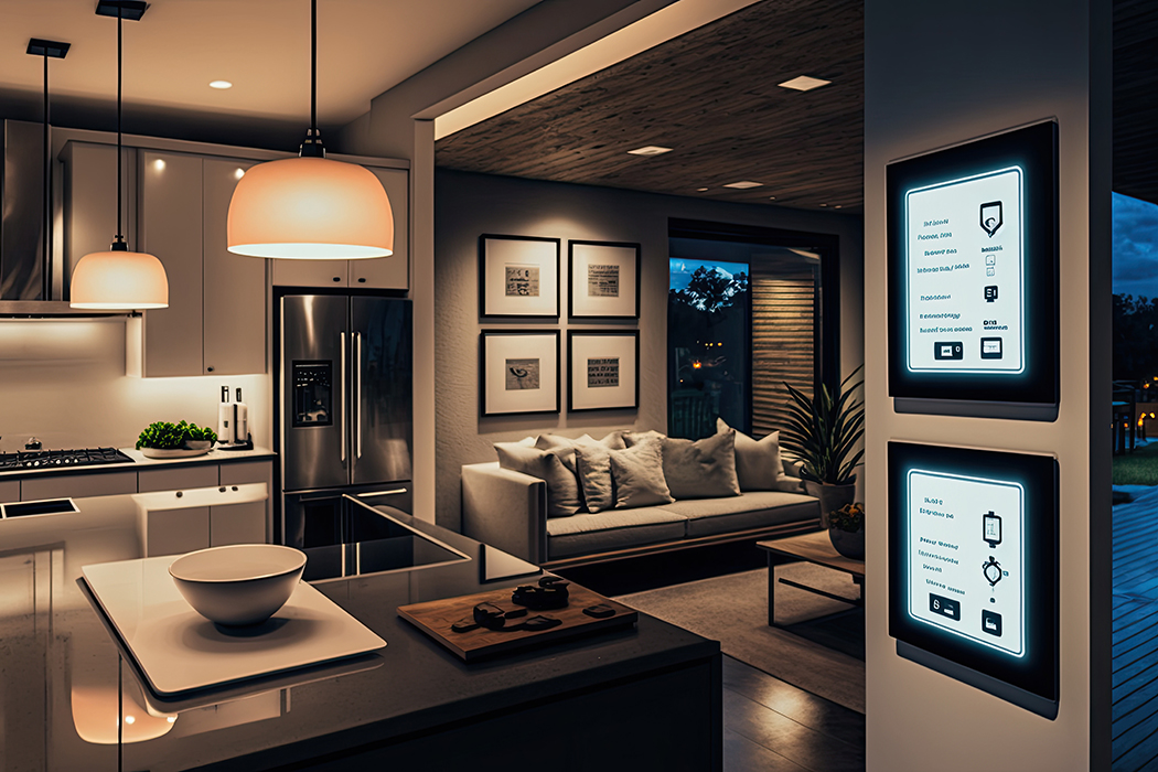 Kitchen and living room connected by a "smart" system attached to a wall